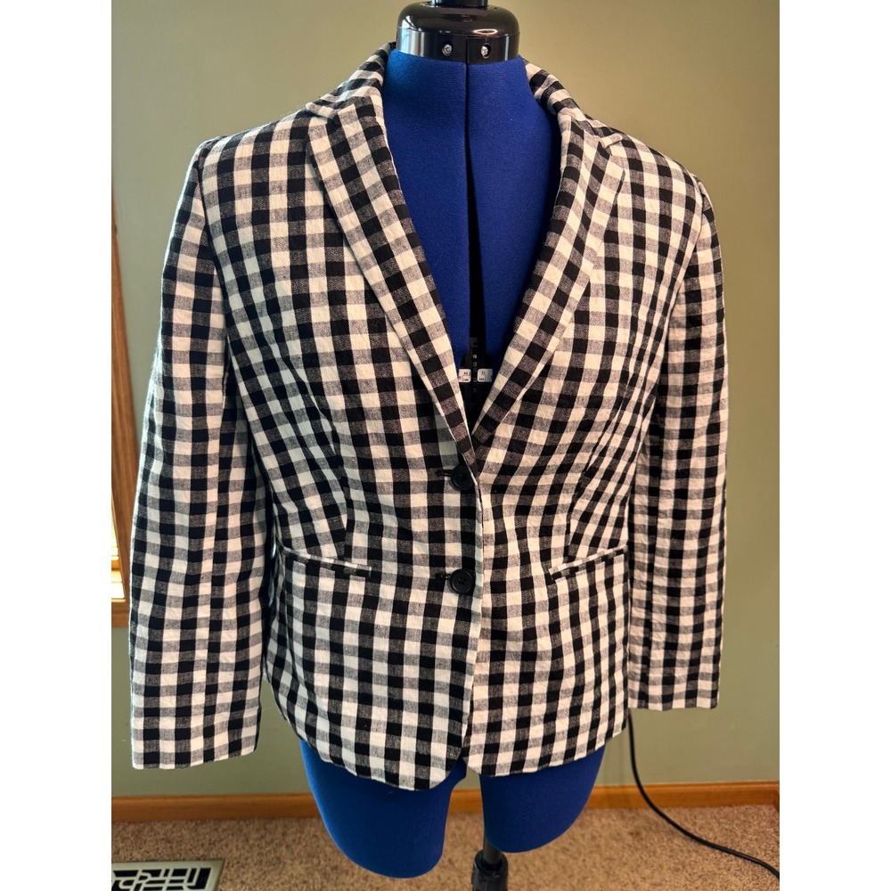 Banana Republic Womens Black White Gingham Linen Blend Blazer Jacket Size 8